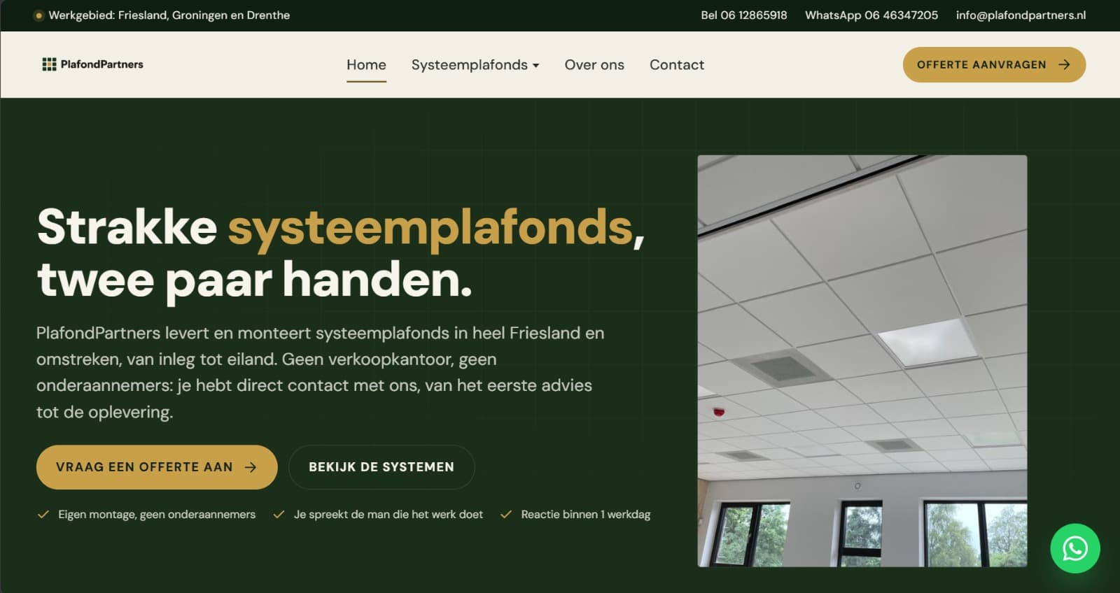 De homepage van de live website van Plafondpartners, specialist in systeemplafonds in Friesland
